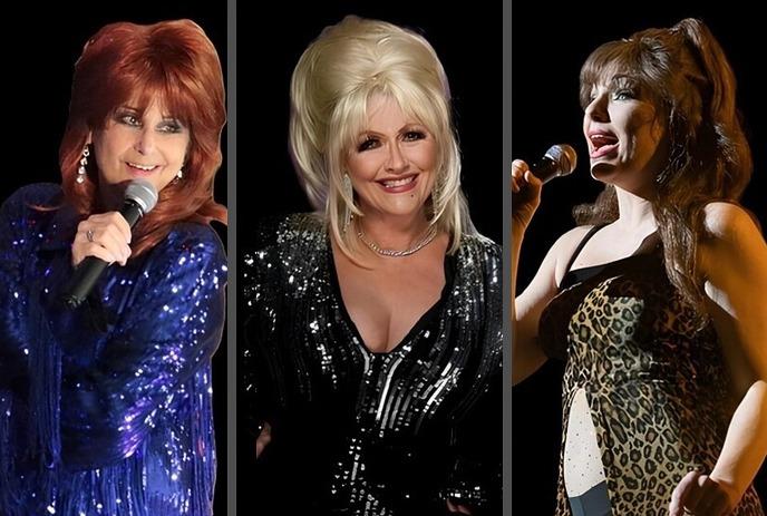 Reba McEntire, Dolly Parton, and Shania Twain tribute artists posing together in a photo.
