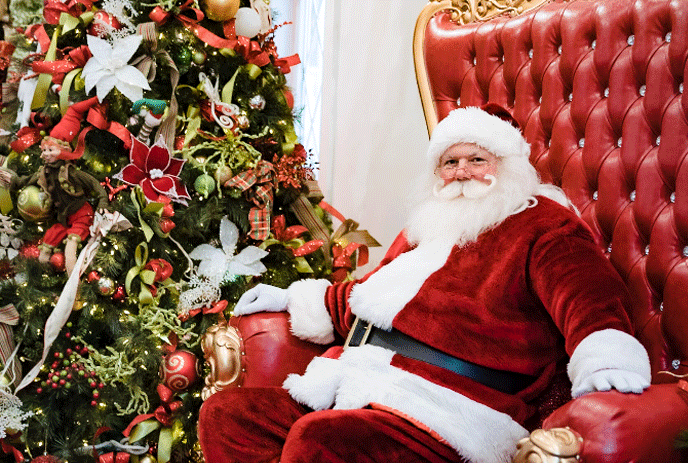 Santa sitting in a plush red chair in front of a fully decorated Christmas tree.