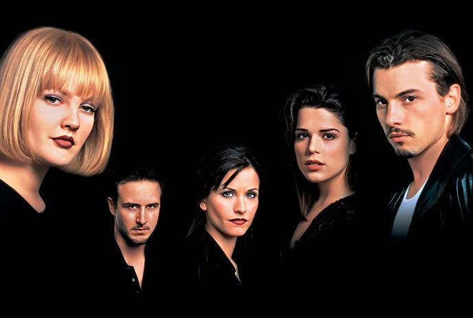 Five people wearing black looking serious stand together.