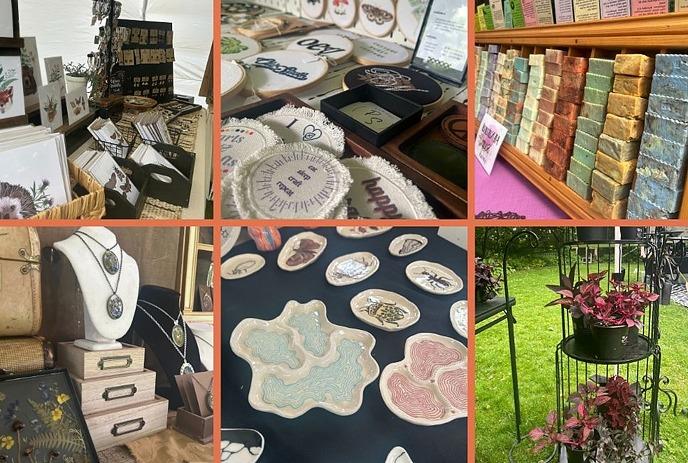 A collage showcasing handmade crafts, displayed at an outdoor market.