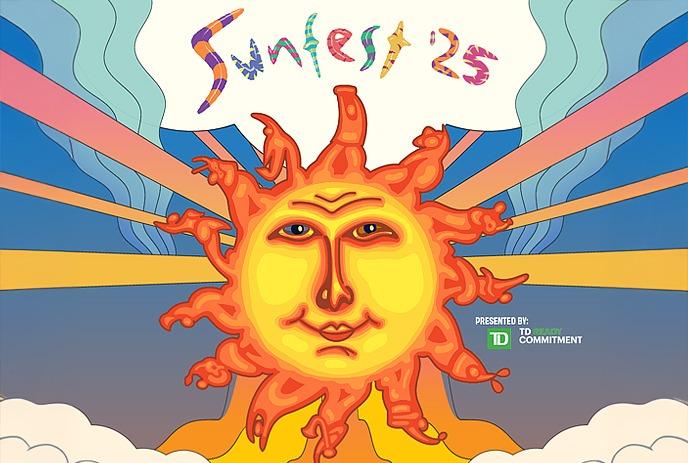 Sunfest 25 poster with vibrant colors, July 3-6, 2025, Victoria Park, London, Ontario, free admission.