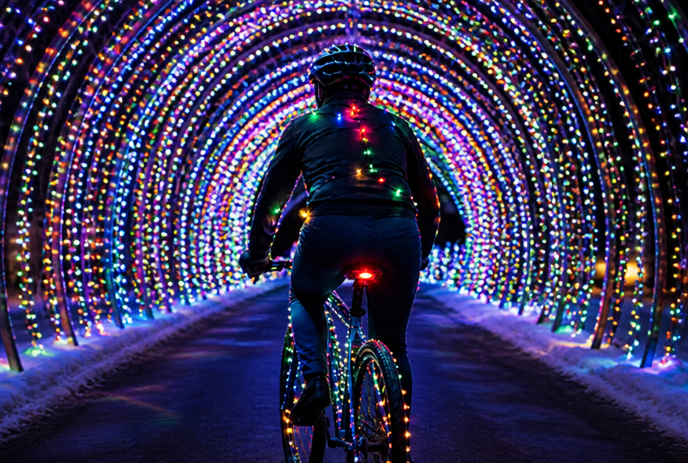 Cyclist riding on a glowing forest path beneath colorful light arches.