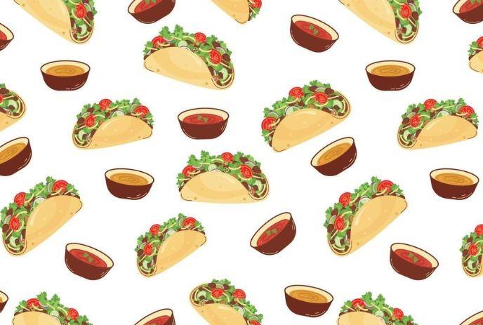 A repeating pattern of tacos with lettuce, tomatoes, and small bowls of salsa on a white background.