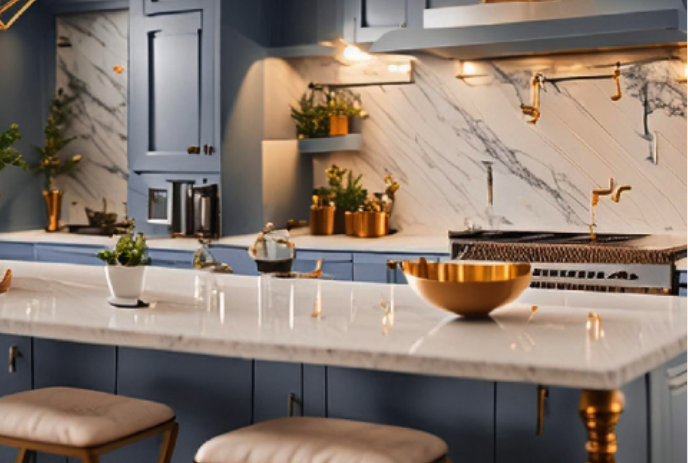 A modern kitchen with blue cabinets, a white marble countertop, and brass fixtures.