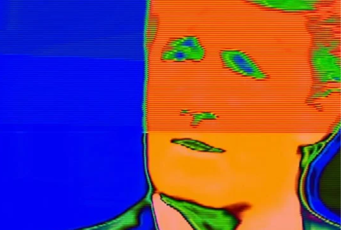 Thermal image in green and orange of Brian Mulroney on a royal blue background.