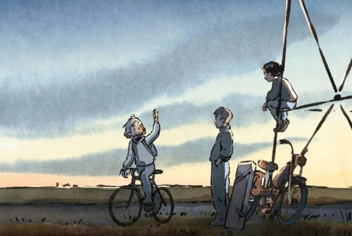 An animated image of three boys around a hydro pole.