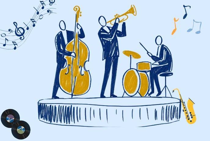 Jazz trio performs on stage with bass, trumpet, and drums, surrounded by musical notes and records.