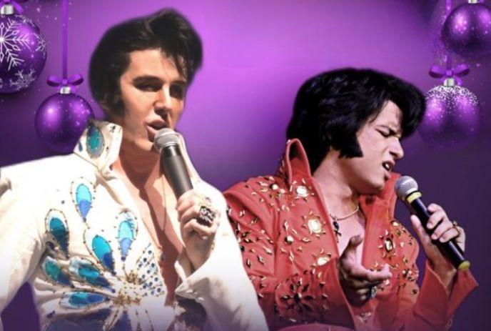 Two Elvis impersonators with microphones, posing in front of a purple Christmas background.