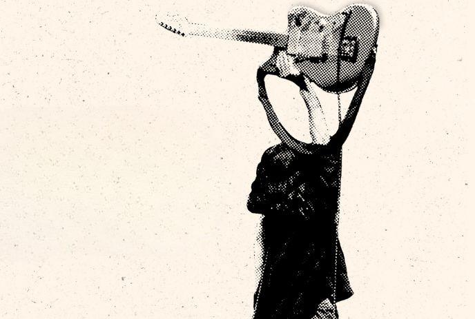 Figure lifts guitar high in bold style under a cream background.