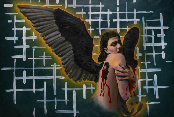 A bleeding black-winged angel hugs itself amid glowing crosses on a dark teal background.