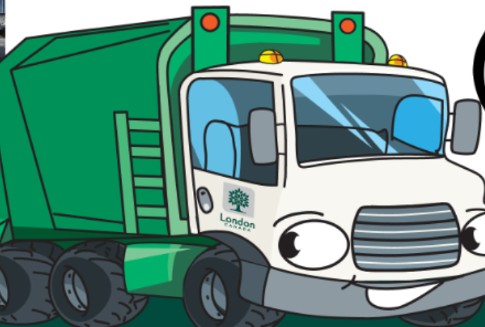 Cartoon garbage truck with eyes at the front of it, looking sideways.