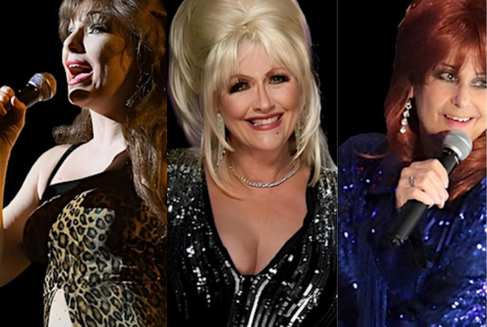 Reba McEntire, Dolly Parton, and Shania Twain tribute artists posing together in a photo.