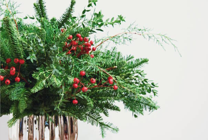 Green and red holiday arrangement in a gold pot.
