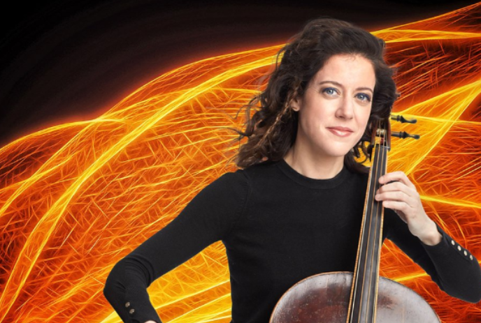 Lady in black holding a cello with wavy orange lines behind her.