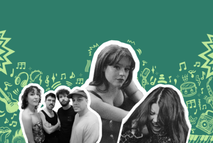 Collage of singers posing for a photo with a green background behind them.