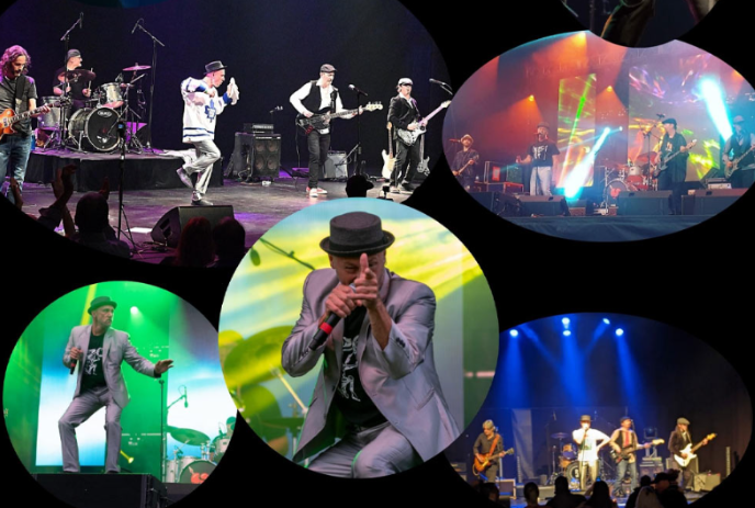 Multiple images of the tribute band performing onstage.
