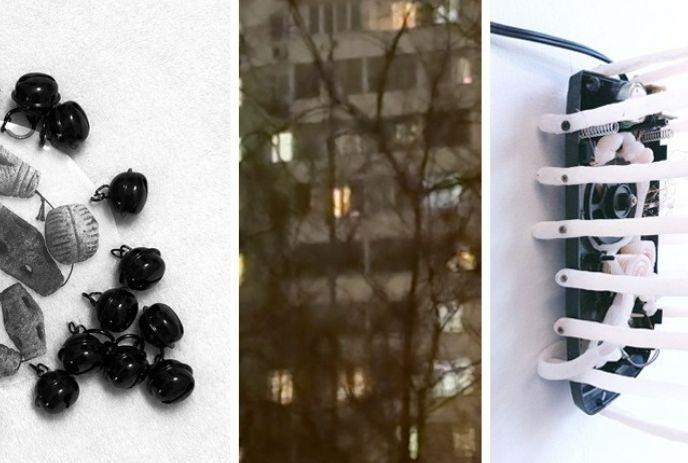Three-panel collage showing black objects, a blurred city view, and a white ribboned device.