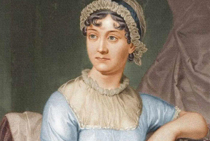 Jane Austen sitting for a portrait wearing a blue dress and a white head covering.