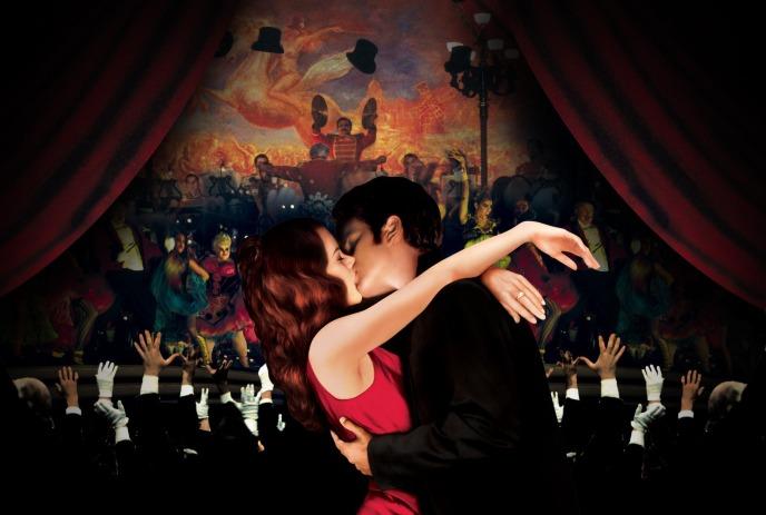 A man and a woman in a close embrace share a kiss on stage.