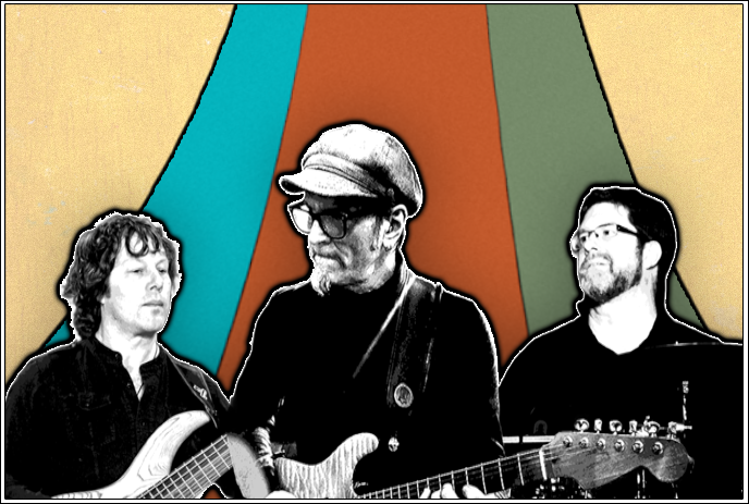 Three people playing their instruments with a colourful background behind them.