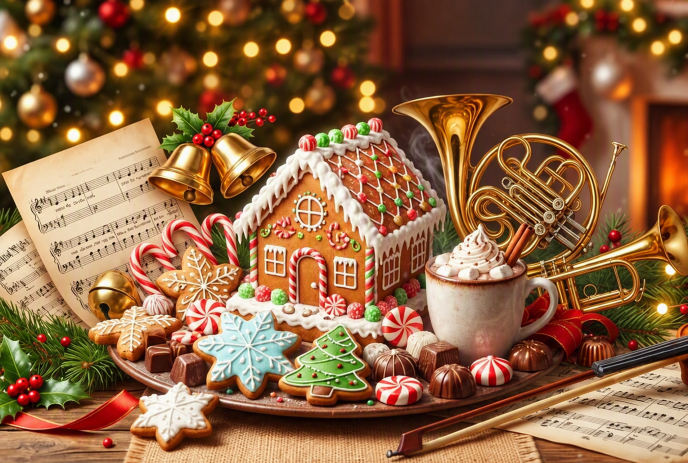 Festive holiday display featuring a gingerbread house, decorated cookies, candy canes, hot cocoa, sheet music.