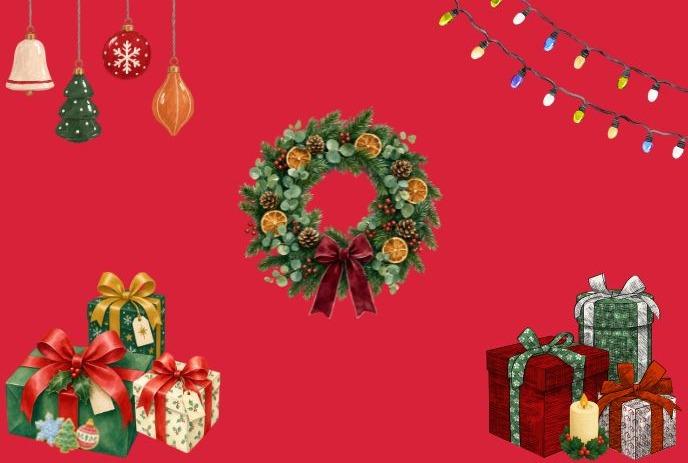 Christmas wreath, gift boxes, ornaments, and string lights on a red festive background.
