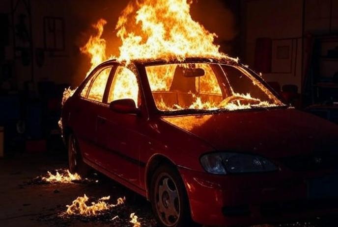 A car on fire in a pitch black room.