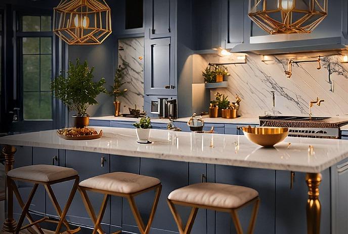 A modern kitchen with blue cabinets, a white marble countertop, and brass fixtures.