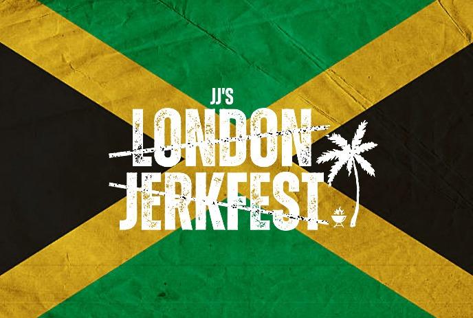 Jamaican flag with London Jerkfest logo above it