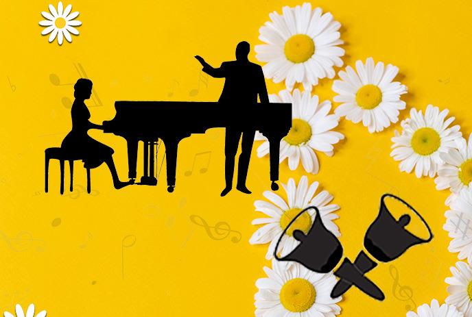 Shadowed image of person playing the piano, person standing in front singing, with a yellow background with yellow and white daisies.