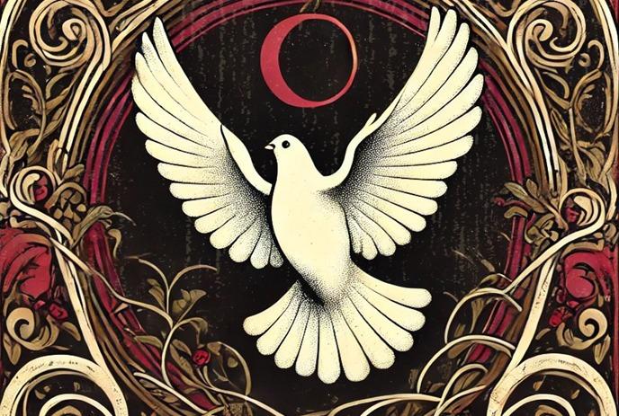 White dove illustrated mid-flight before a vivid red crescent moon; ornate golden floral designs embellish black backdrop.