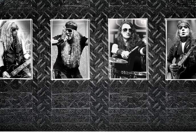 Four rock musicians posed with instruments against a textured metal backdrop in bold monochrome style.