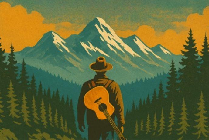 An illustrated man with a guitar stands facing snow-capped mountains, surrounded by pine trees at sunset.