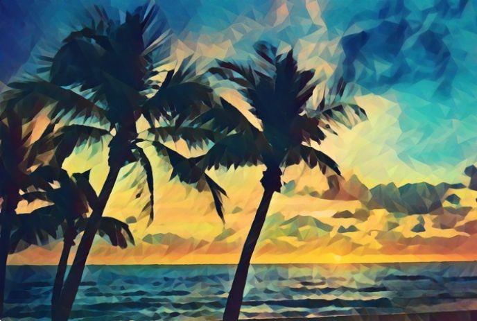 A geometric, mosaic-style image of palm trees silhouetted against a vibrant sunset over the ocean.