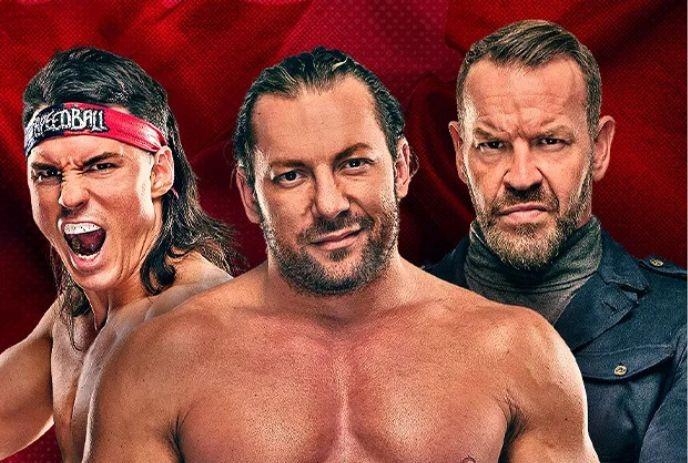 3 AEW male wrestlers posing for the camera, in front of a red background.