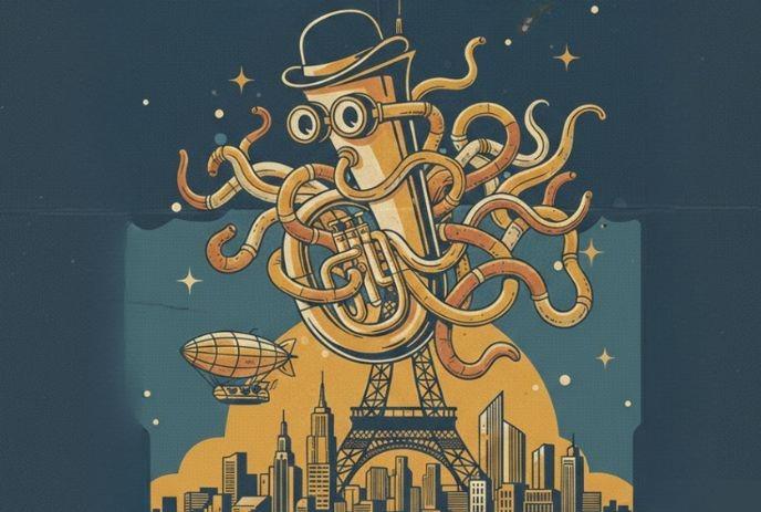 Anthropomorphic tuba with tentacles floats above Eiffel Tower, vintage cityscapes.