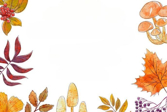 Autumn border with watercolor leaves, berries, mushrooms; blank white center for seasonal message.