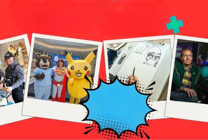 Four scenes show police, outreach costumes, art drawing and a man sitting under a red collage.