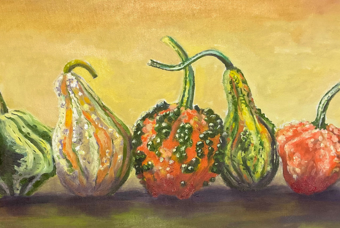 A vibrant painting of five colorful gourds with unique textures and shades against a warm background.
