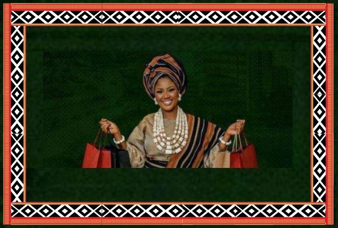 Elegant woman in vibrant African attire holding shopping bags, blending tradition and modern style gracefully.