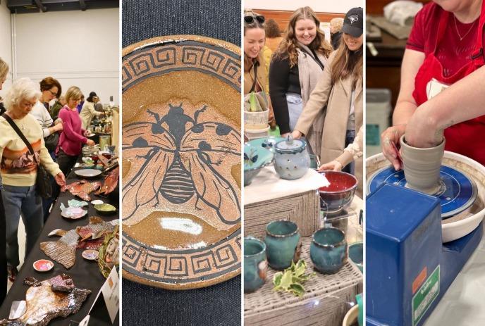 Pottery market collage showing handmade ceramics, shoppers browsing displays, and wheel throwing.