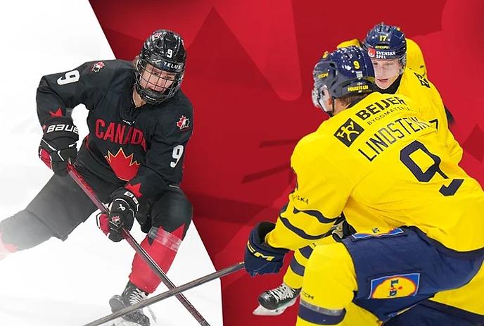 Team Canada player skates with puck as two Team Sweden players approach during intense ice hockey match.