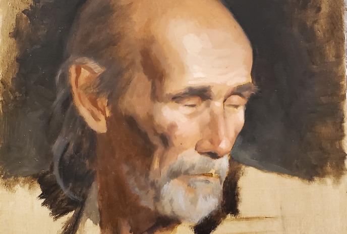 Painted portrait of older person with closed eyes soft light shaping calm expression against dark backdrop.