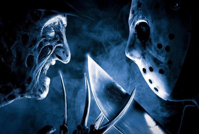 Freddy vs. Jason face-off in blue fog.