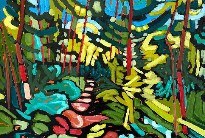 Colorful abstract painting of a forest path with vibrant greens, blues, reds, yellows, and dynamic brushstrokes.