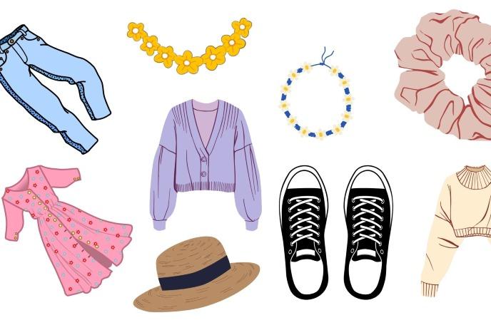 An illustration of a collection of items including sweaters, a dress, a hat, shores, and a necklace.