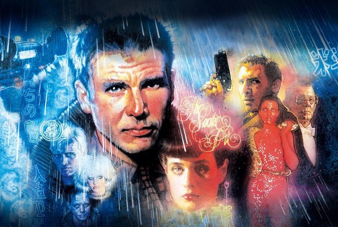 Stylized collage of characters in neon cyberpunk city with central man, woman, and dramatic lighting.