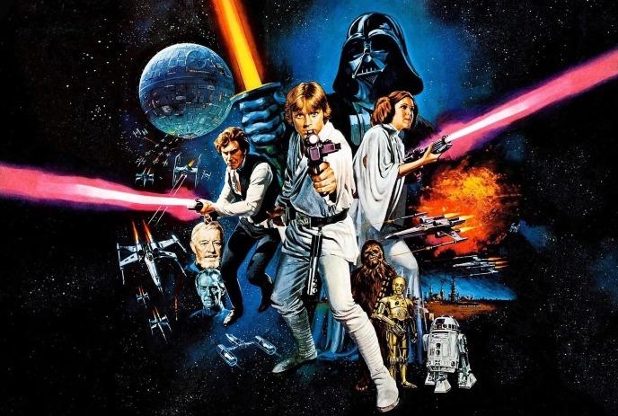 Star Wars heroes and villains gather in a vivid space battle scene with ships and looming danger.