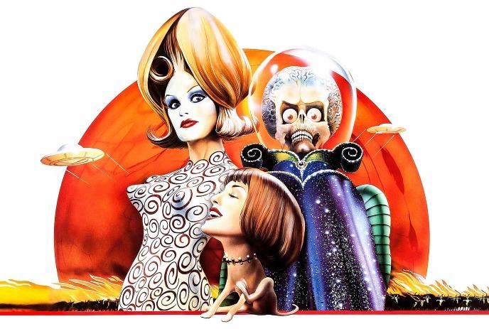 Three different beings look towards the camera, while a UFO hovers nearby.