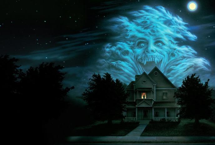 A dark night shows an eerie cloud apparition over a house with one light on.